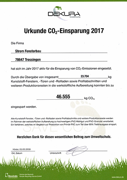 Dekura Urkunde CO-2-Einsparung 2017