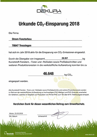 Dekura Urkunde CO-2-Einsparung 2018