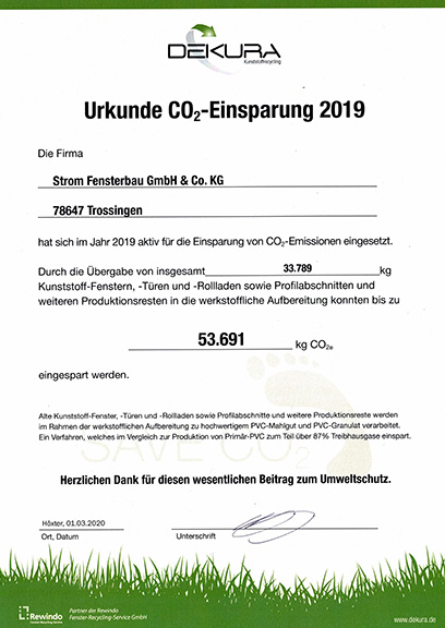 Dekura Urkunde CO-2-Einsparung 2019