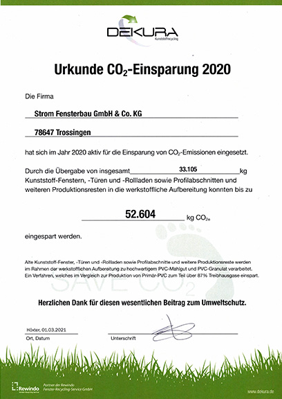 Dekura Urkunde CO-2-Einsparung 2020