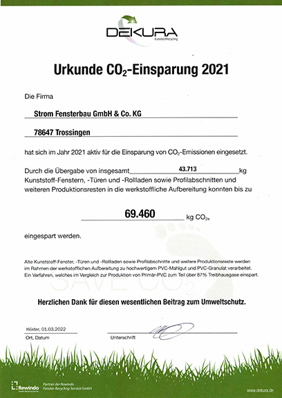 Dekura Urkunde CO-2-Einsparung 2021