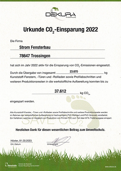 Dekura Urkunde CO-2-Einsparung 2022