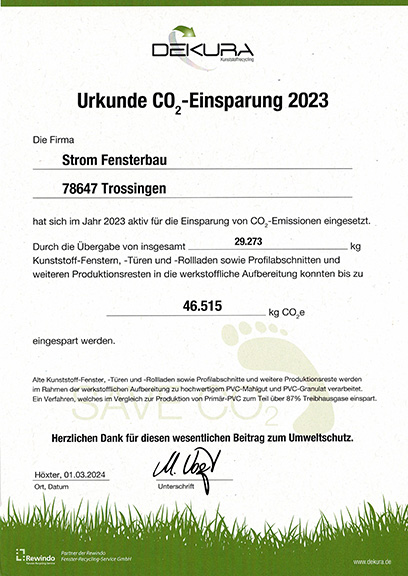 Dekura Urkunde CO-2-Einsparung 2023